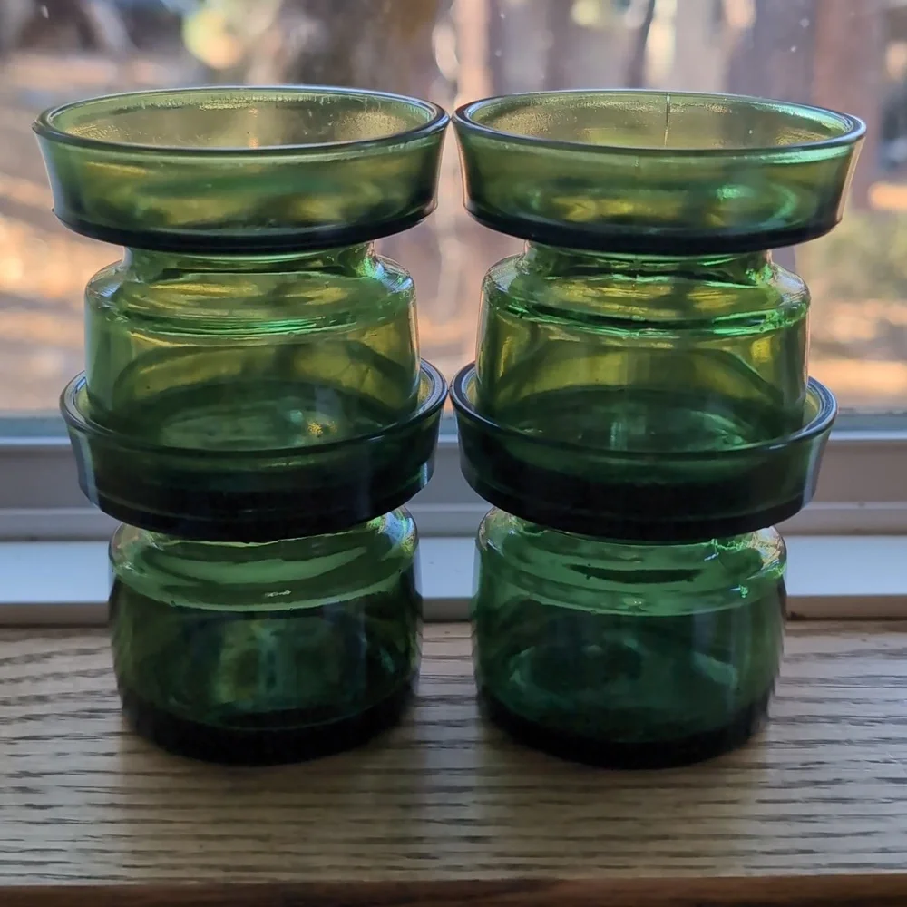 4 Vintage DANSK DESIGN DENMARK Green Glass Candle Holders Mid Century Modern 60s